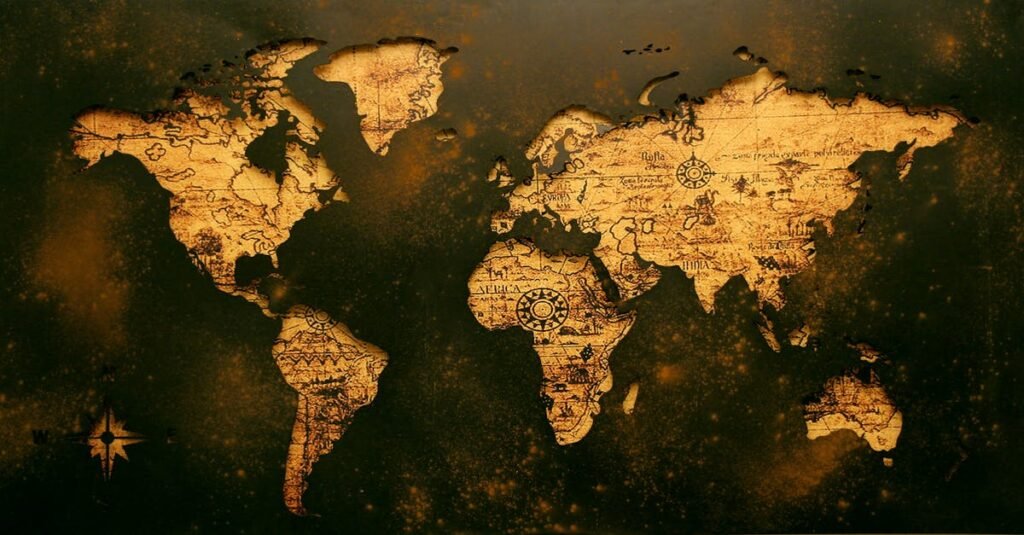 A detailed vintage map showcasing global geography with an old paper texture.